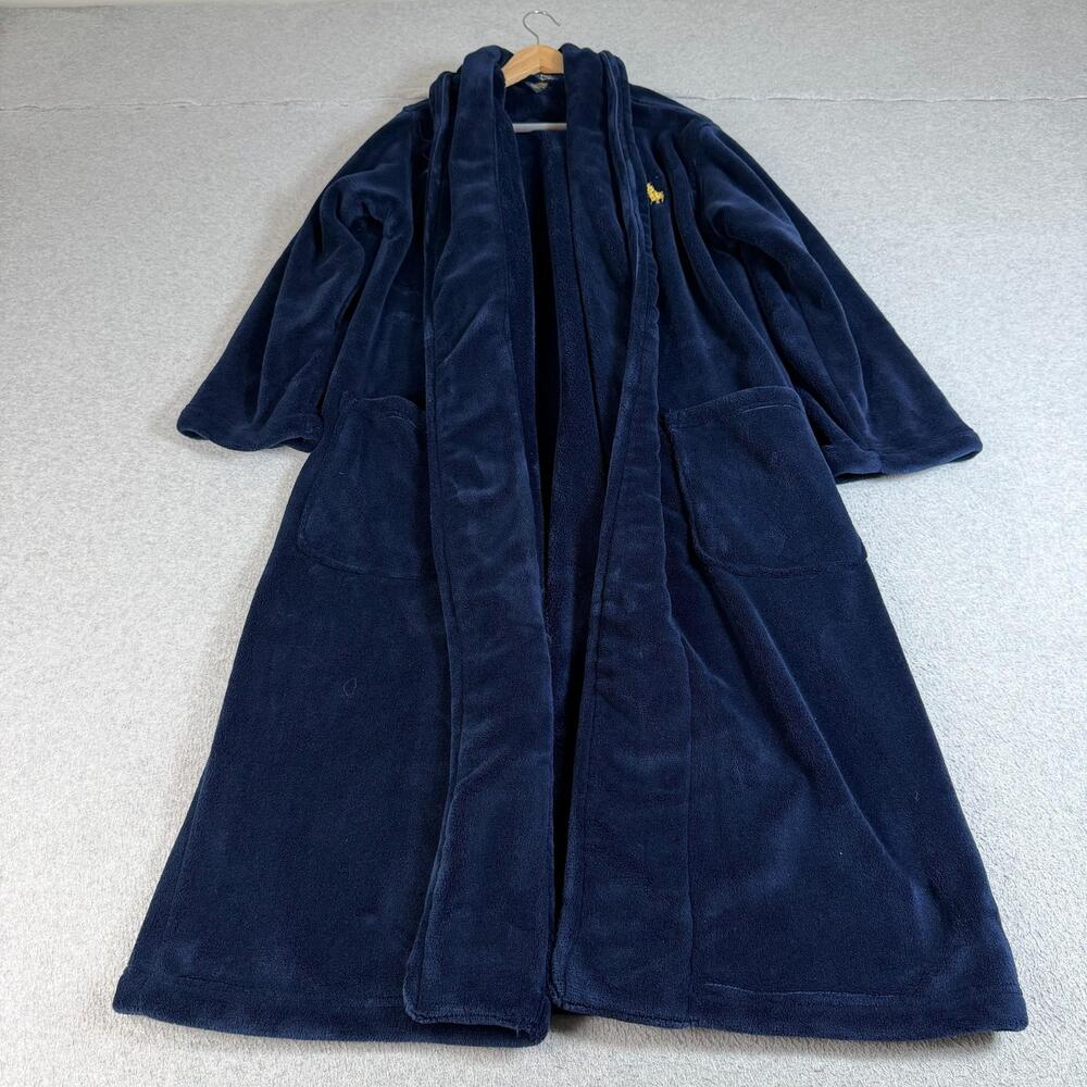 Polo Ralph Lauren Robe Men Medium Blue Fleece Loungewear Logo Missing Belt Cozy